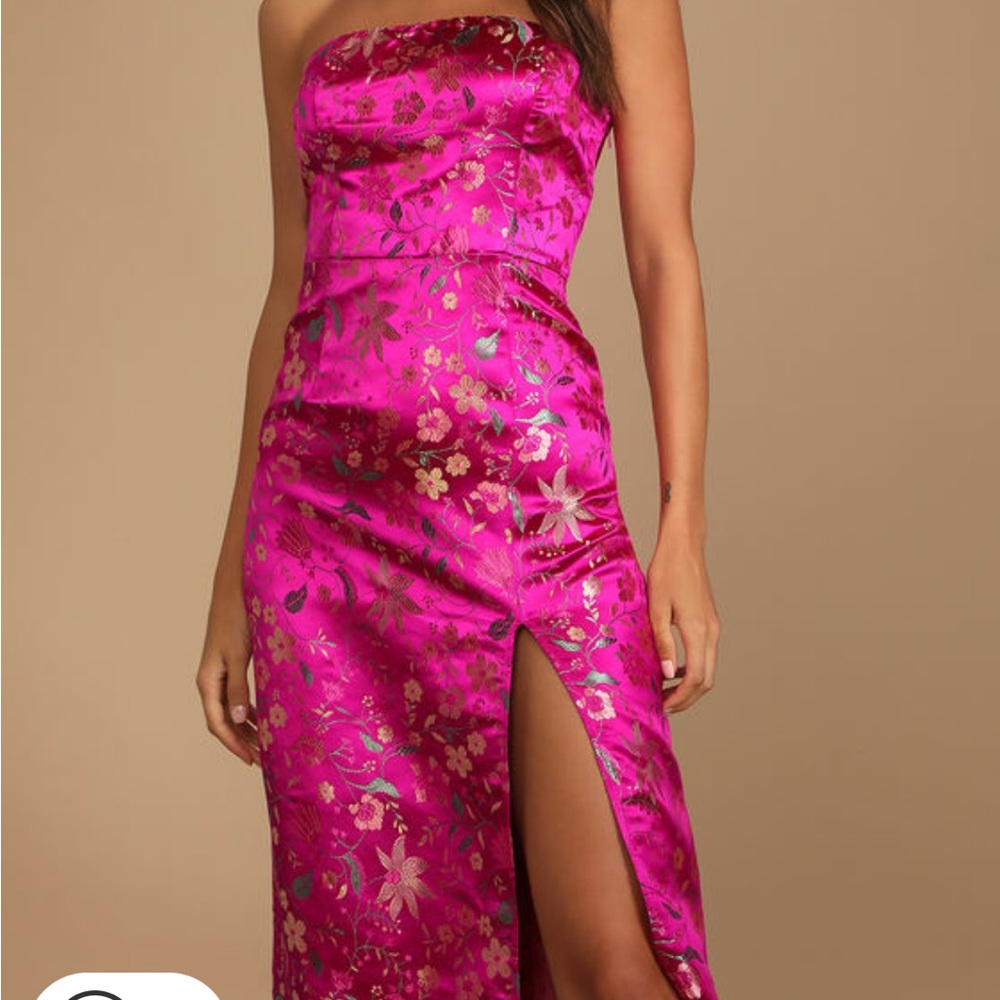 Make a Move Magenta Satin Floral Jacquard Strapless Midi Dress